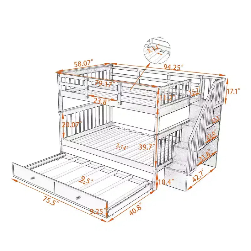 Full over Full Bunk Beds with Trundle and Stairs, Wooden Stairway Bunk Bed with Storage & Guard Rail for Dorm