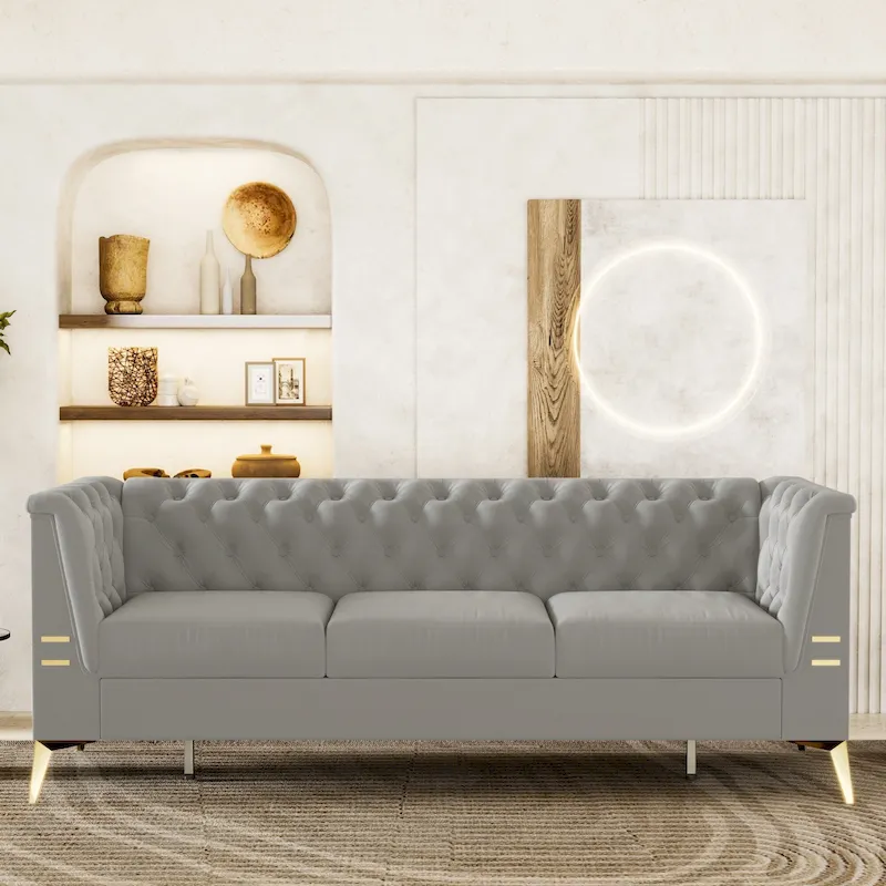 82 Velvet 3 Seater Chesterfield Sofa Couch with Gold Metal Legs, High Rebound Sponge and Removable Cushions