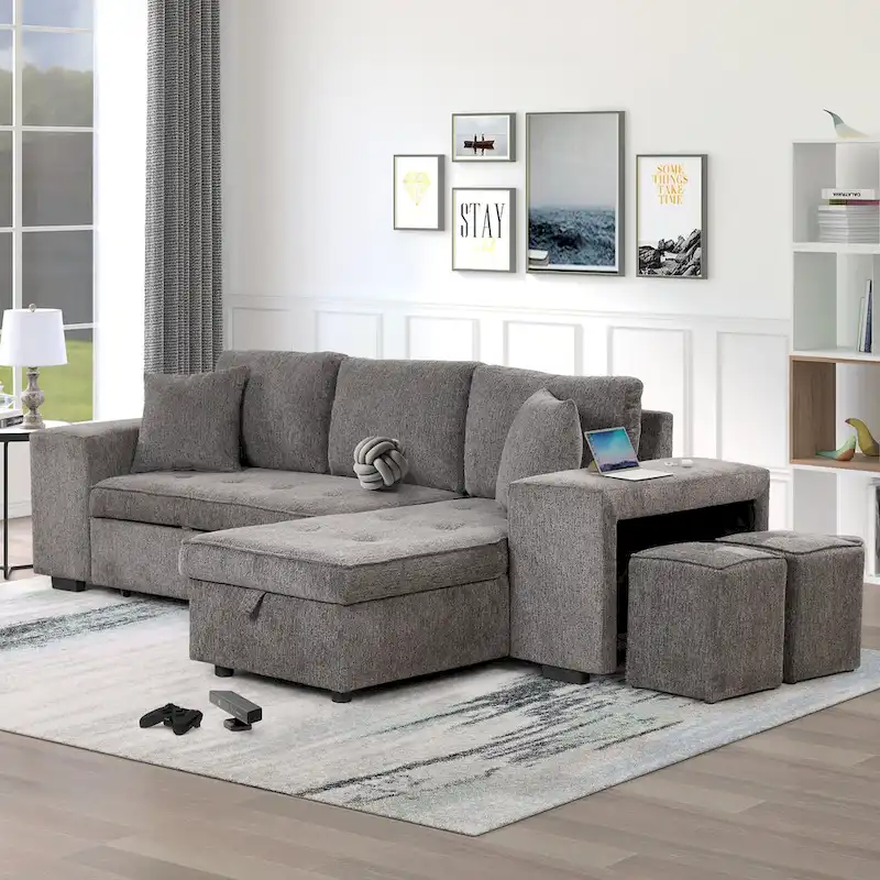 104 Modern L-Shape 3 Seat Reversible Sectional Couch, Pull Out Sleeper Sofa with Storage Chaise and 2 Stools