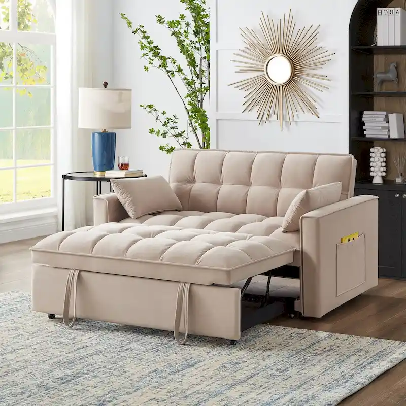 4 in1 Loveseat Sofa Bed with Armrests & Storage Pockets, Multi-Function Tufted Pull-out Sofa Bed with Adjustable Backrest