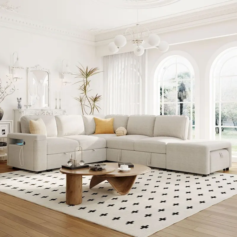L-shaped Padded Modular Sofa with Storage Space, USB Ports, and Cup Holders on the Armrests, Suitable