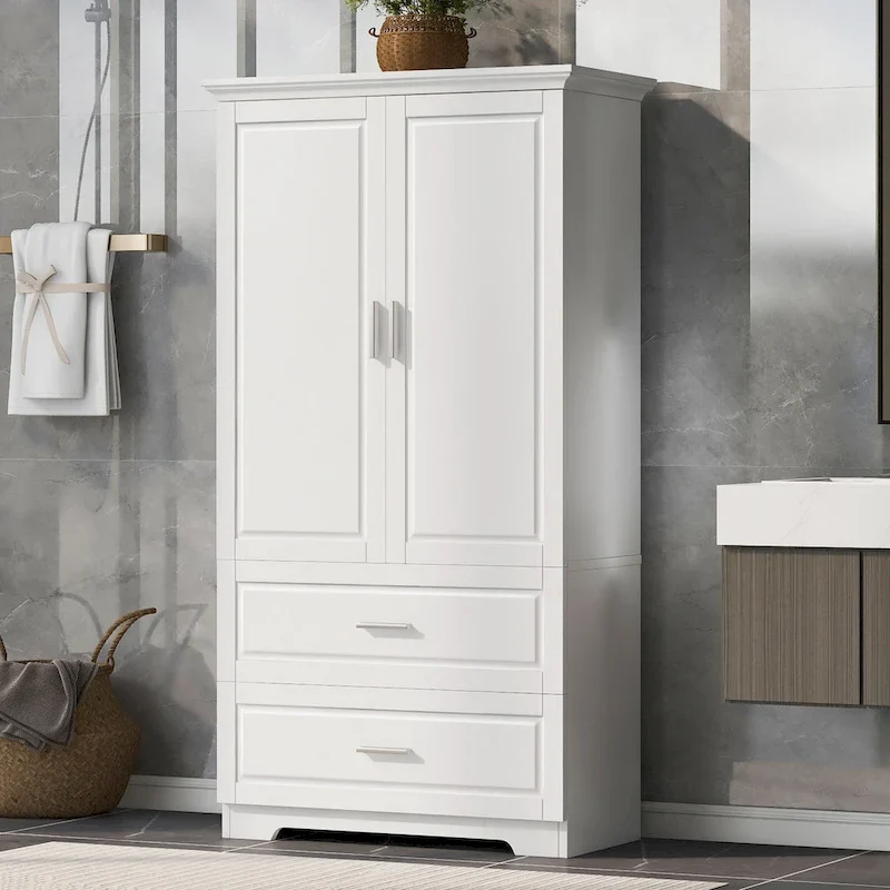 63 Tall Wood 2-door Bathroom Cabinet in White with Adjustable Shelf