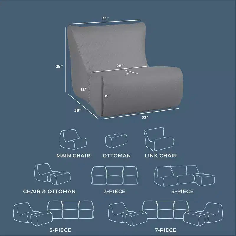 Big Joe Solvana Outdoor Patio Furniture Set, Weather-Resistant Cool Touch Silicone Stitched Leather, Link Chair, Moonlit Gray