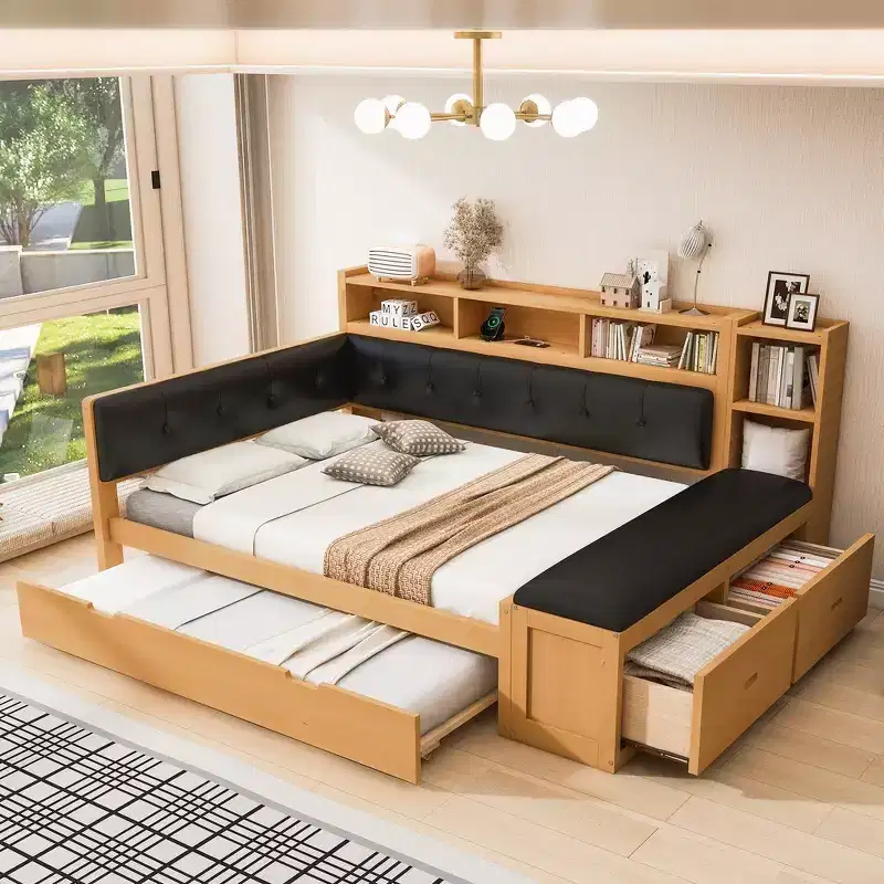 Full Size Wood Daybed with Trundle, Storage Shelves, Bench & Upholstered Headboard