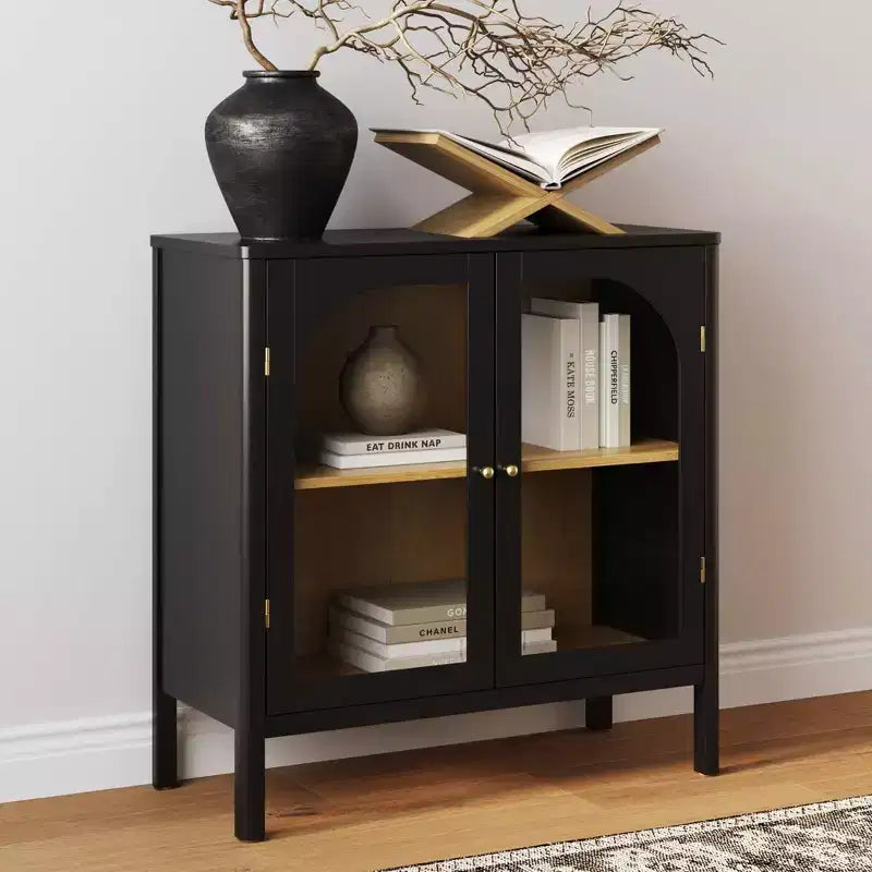 Wood and Glass Door Storage Cabinet �C 2 Doors, Fixed Interior Shelf