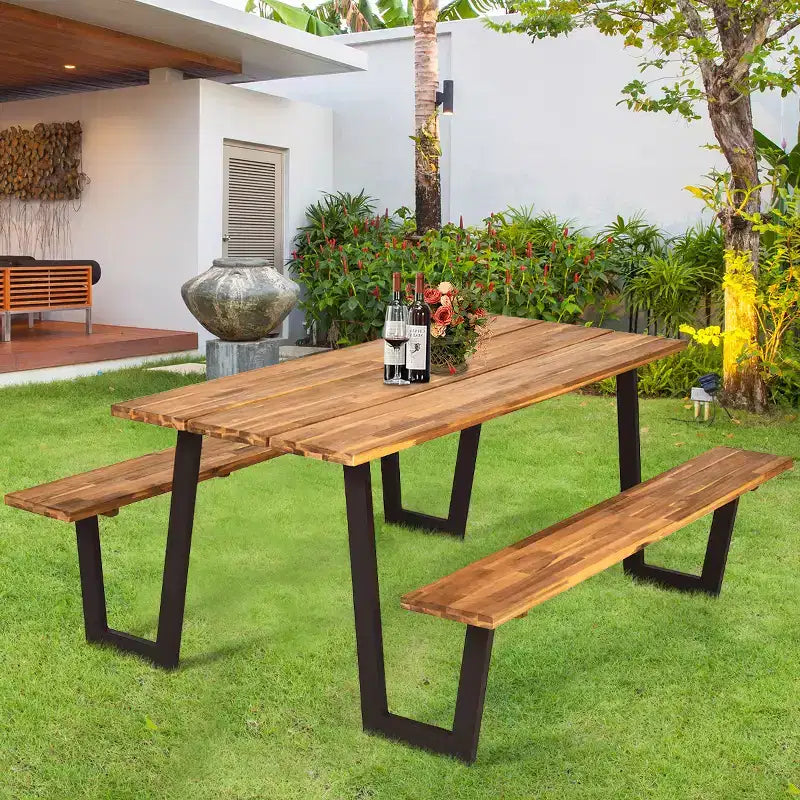 Costway Patented Picnic Table with 2 Benches 70'' Dining Table Set with Seats and Umbrella Hole