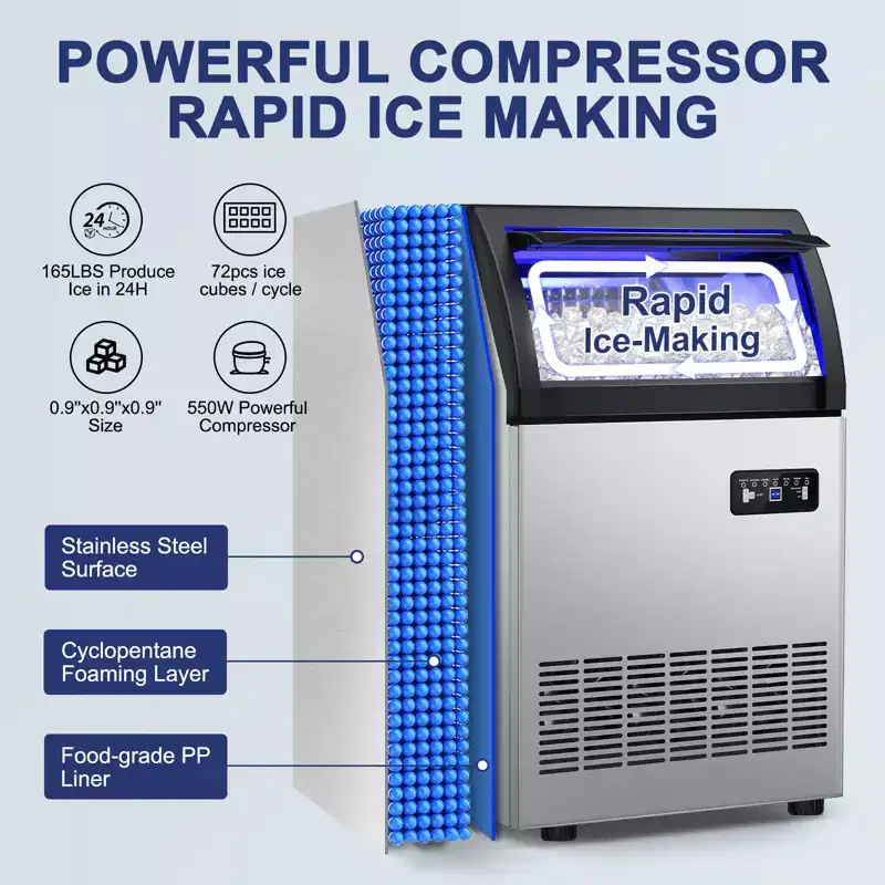 Denjol High-Capacity Ice Machine: 260Lbs/24H, 72pcs/Batch, 55Lbs Storage - Freestanding Commercial Ice Maker 19in