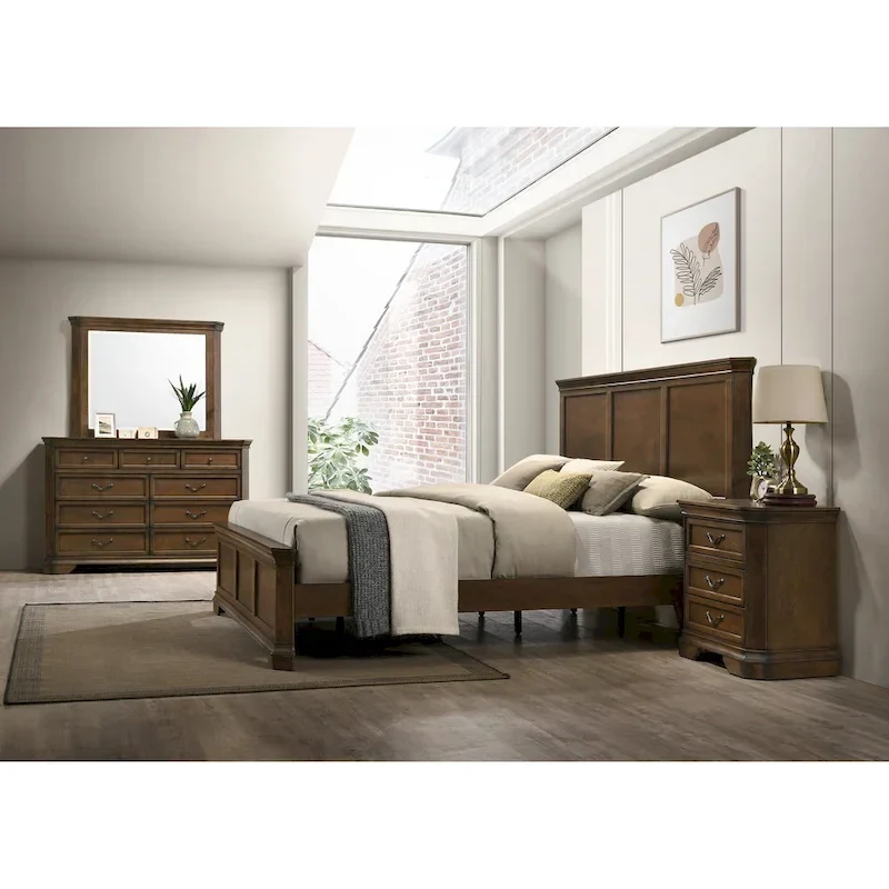 Roundhill Furniture Maderne Traditional Wood Panel Bed with Dresser, Mirror, Nightstand, Chest, Antique Walnut Finish