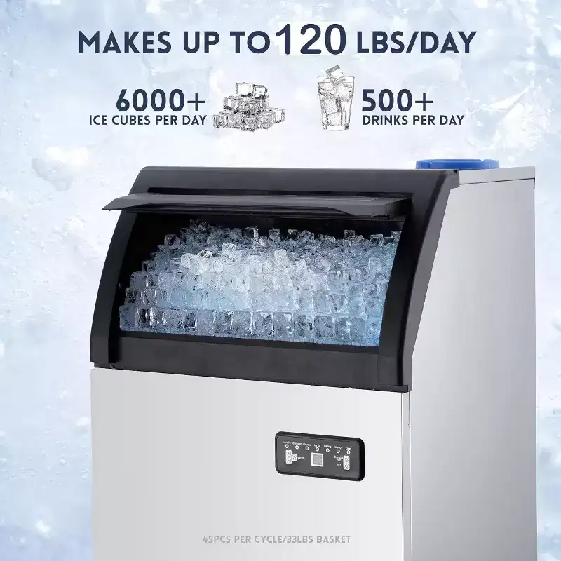 Ice Maker Machine, 120lbs/24hr Stainless Steel Under Counter Ice Machine, 33lbs Storage, Freestanding Ice Maker for Bar,Restaurant,2 Water Inlet Modes