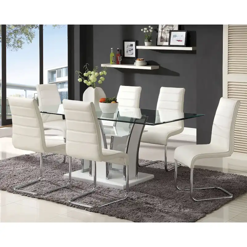 Resk Contemporary White Faux Leather 7-Piece Dining Table Set by Furniture of America