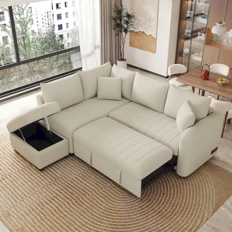 L-shaped Sectional Pull Out Sofa Bed Sleeper Sofa USB,Power Sockets and a Movable Storage Ottoman, Beige