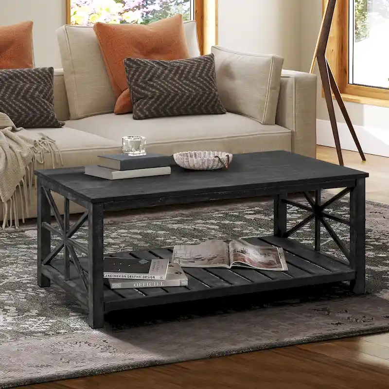 Rustic Wood Coffee Table with Lower Shelf �� 47" x 23" x 19"