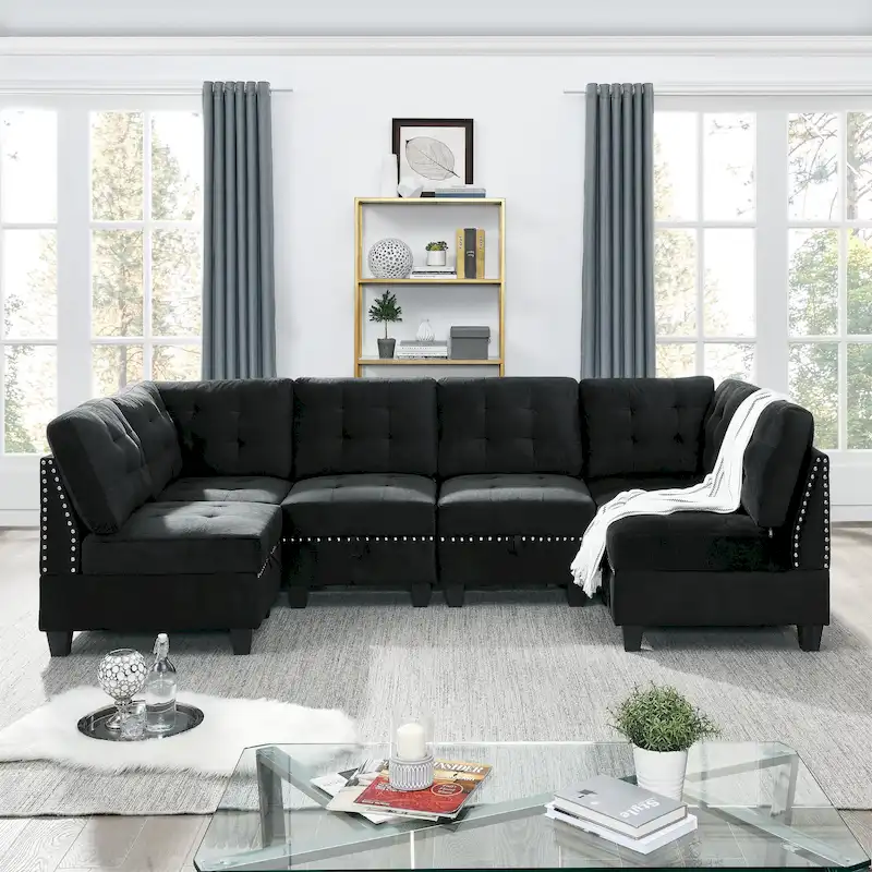 Velvet / Chenille Modular Sectional Sofa with Storage, 6-Seat L-Shaped