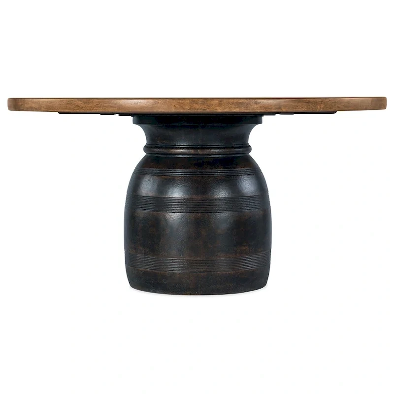 Round Pedestal Dining Table Rustic Hickory Veneer Charred Black Base Brown