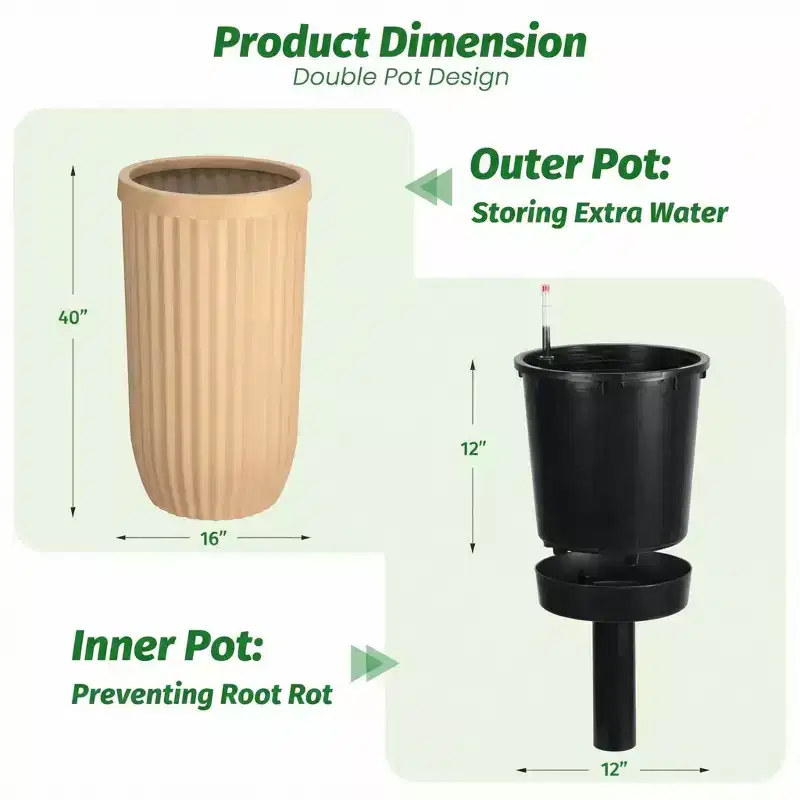 2Pcs 31 Tall Flower Pot Set, Outdoor Automatic Watering Flower Pots with Water Level Monitor, Suitable for Indoor Plants, Terraces, Porches, Gardens