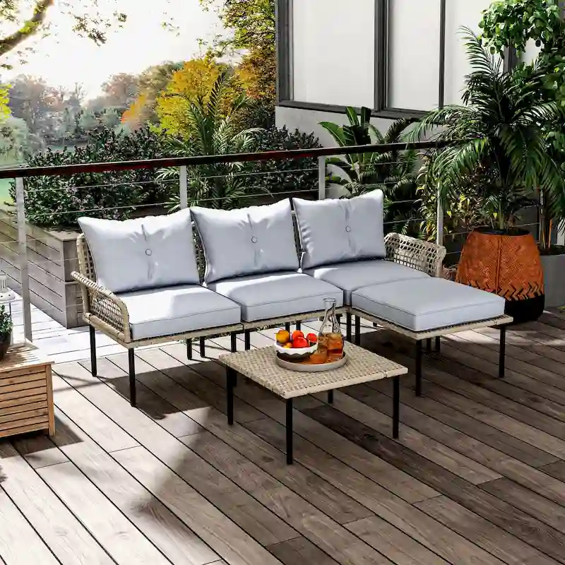 Outsunny 5 Piece Patio Furniture Set, Outdoor Conversation Set with L-Shaped Sofa, Cushions, for Backyard, Lawn and Pool