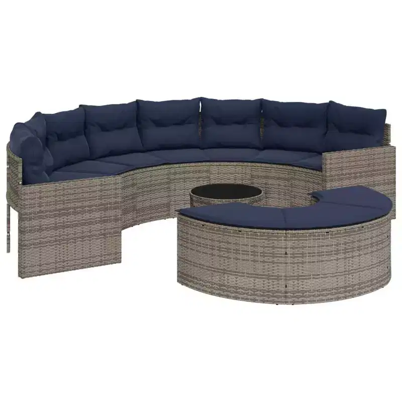 vidaXL Patio Sofa Set - 3 Piece Half-Round Garden Furniture - Durable Gray Poly Rattan Outdoor Seating with Navy Cushions and Tempered Glass Table