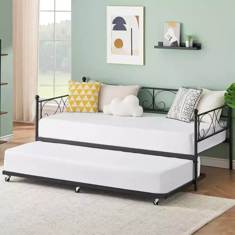 GustoWave Sofa Bed with Trundle, Twin Size Metal Daybed with Floral Headboard,Multifunctional Bed, for Bedroom, Living Room, Guest Room