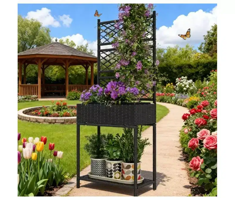 Freestanding Rattan Garden Box,Outdoor Wicker Planter with Trellis for Climbing Plants,with Storage Shelf