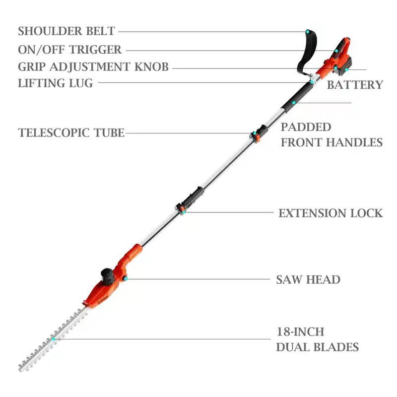 Ukoke 40V Cordless Pole Hedge Trimmer, 18 Dual-Action Blades, 3-Position Pivot Head, 0.8 Cutting Capacity, Battery & Charger Included