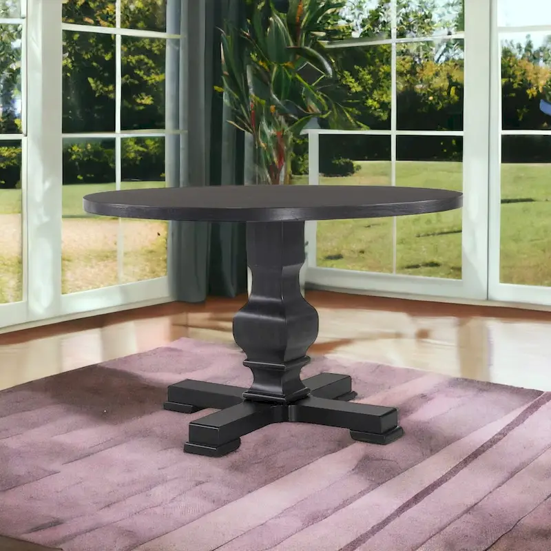 HomeRoots 47  Black Rounded Solid Wood Pedestal Base Dining Table