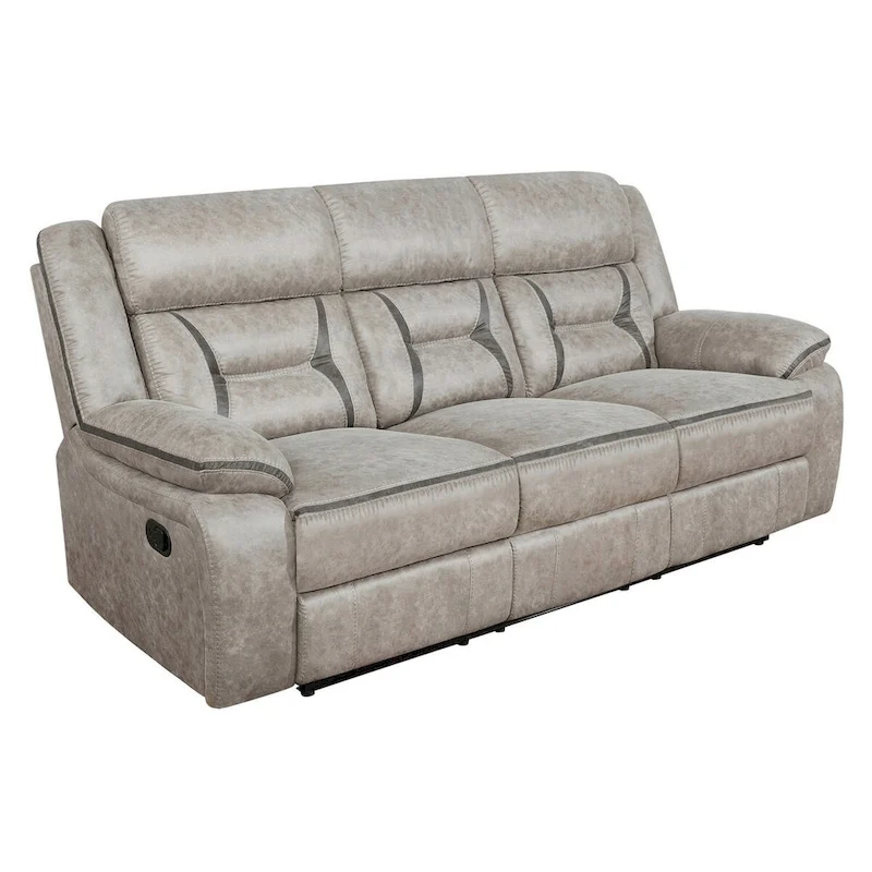 Tye 87 Inch Glider Manual Recliner Sofa, Cool Gel Foam, Taupe Faux Leather