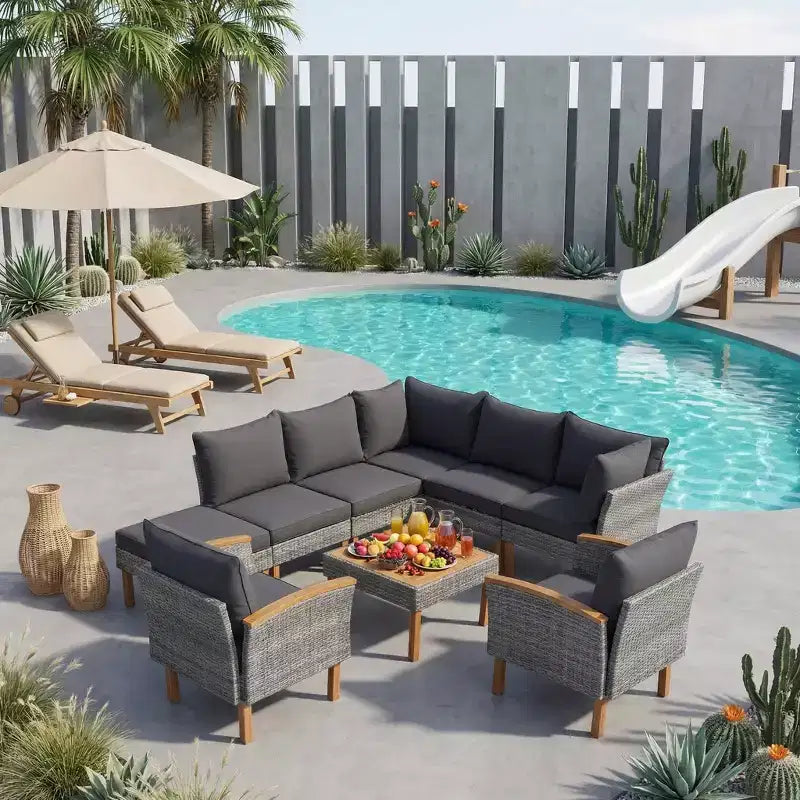 Whisen 9-Piece Weather-Resistant Patio Rattan Furniture Sets & Outdoor Conversation Sectional Sofa Couch Set with Coffee Table and Cushions - Gray