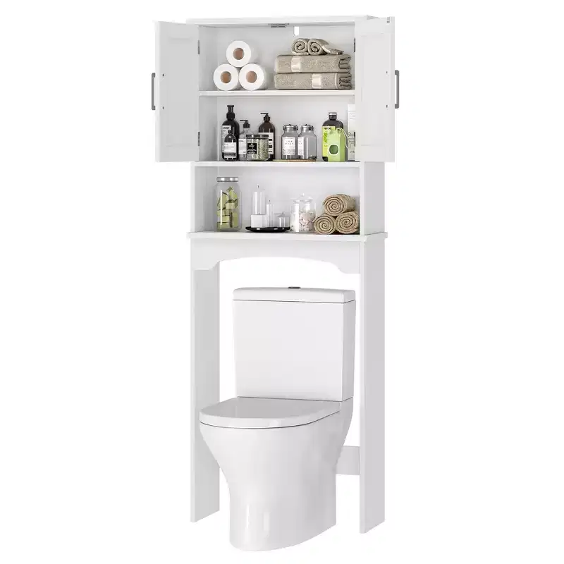 White Over-The-Toilet Storage Cabinet C Double Door Space Saver with Anti-Tipping Device & Open Shelf (Freestanding Bathroom Organizer)