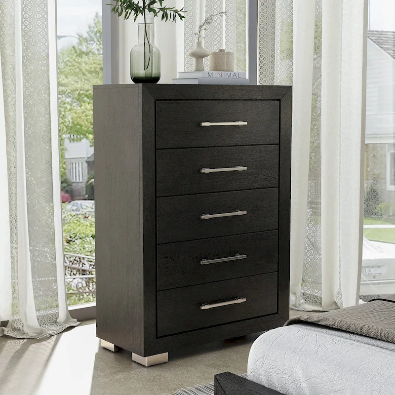 Furniture of America Alaric Modern Black Solid Wood 5-Drawer Storage Chest With Cedar-Lined Bottom Drawer