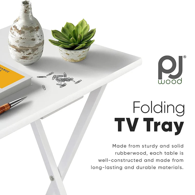 PJ Wood Solid Wood Compact Folding TV Tray and Snack Tables, White, 2 Piece Set - 18.44