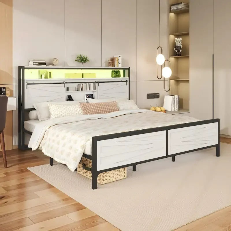 King Metal Platform Bed Frame – White, LED Lights, Headboard Storage, USB & Outlet Charging, Sleeps 1