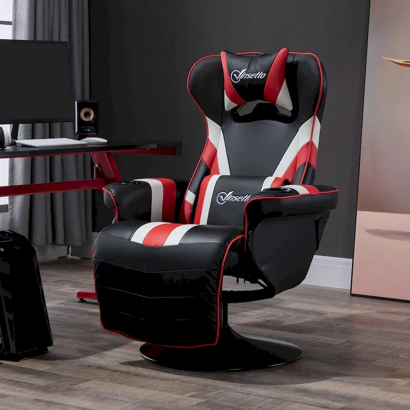 Race Video Game Chair with Reclining Backrest and Footrest, Headrest, and Cup Holder