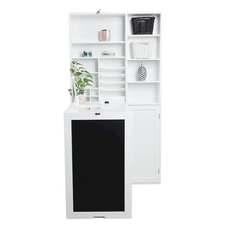 Collapsible Fold Down Desk Table with Large Storage Cabinet & Bottom Shelves, Computer Desk, White