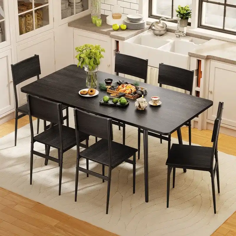7 Piece Industrial Dining Table Set for Kitchen with 6 Chairs Longboard Backrest