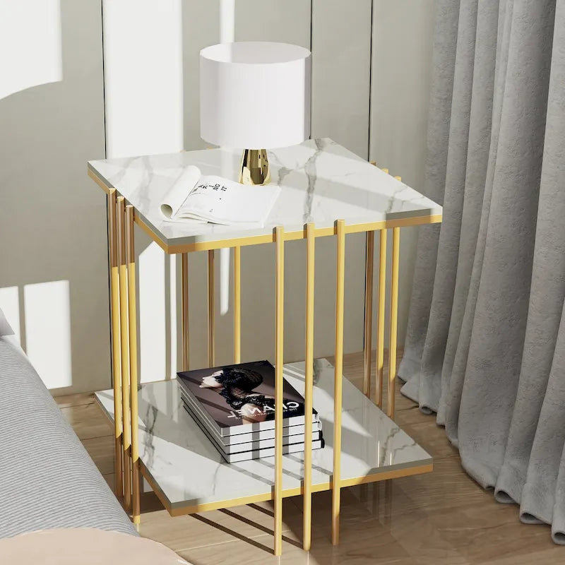 2 Tier Square Side Table Marble Gold Metal Leg Accent End Coffee Desk