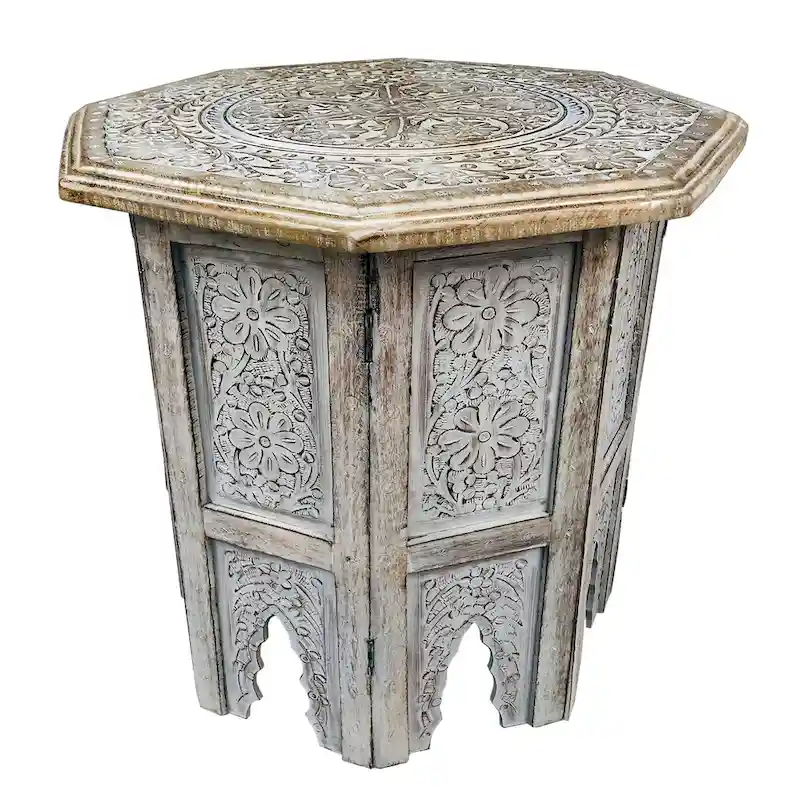 18 Inch Farmhouse Side Table, Engraved Carved Design, Mango Wood, Octagonal Top, Antique Brown