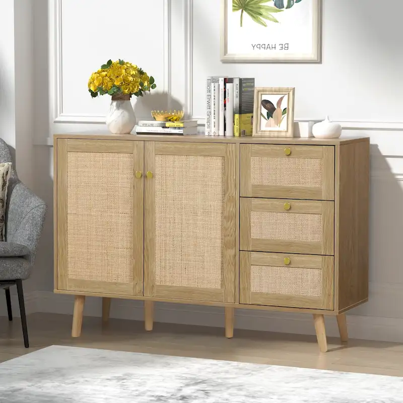 Anmytek Mid-Century Modern 2-Door Wood Rattan Buffet Sideboard Kitchen Storage Cabinet with 3 Drawers