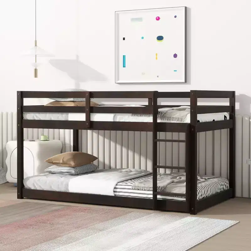 Twin over Twin Low Bunk Bed with Ladder, Guardrails, Plywood Slats and Under-Bed Storage Space