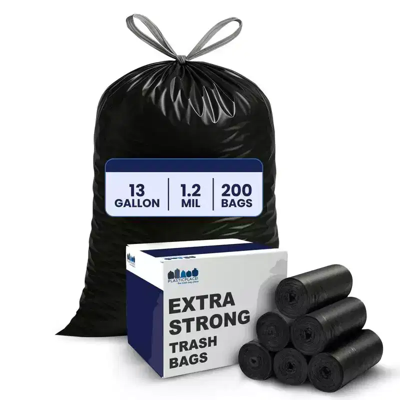 Plasticplace Drawstring Trash Bags, 13 Gallon, Black, 1.2 Mil, 24'' x 31'' (200 Count)