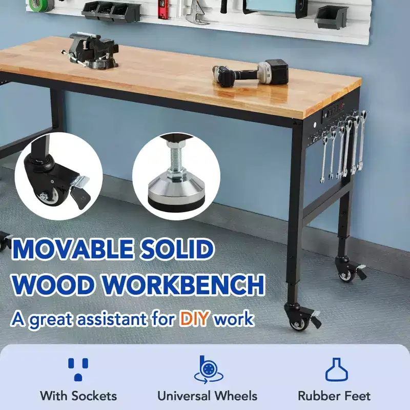 Adjustable Workbench 75x25 鈥?2000 lb Capacity, 5 Height Settings, Power Outlet & Locking Wheels