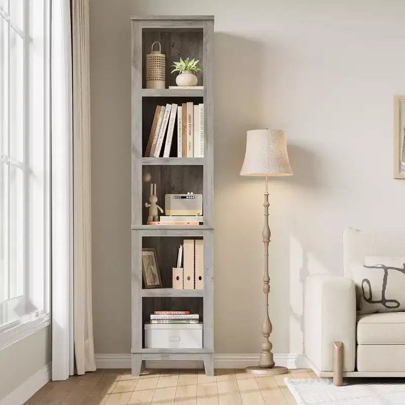 Narrow 5-Tier Bookcase, 71.3 Tall Farmhouse Bookshelf with Vintage Design, Slim Wooden Storage Shelf for Living Room, Home Office, and Bedroom