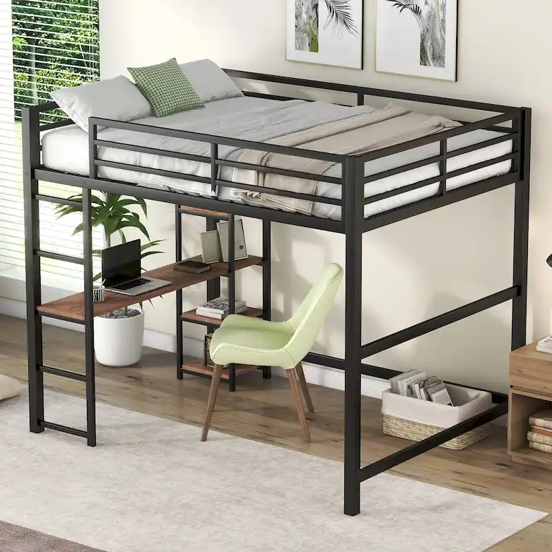 Black Full Size Metal Loft Bed with Built-in Desk and 4-Tier Storage Shelves