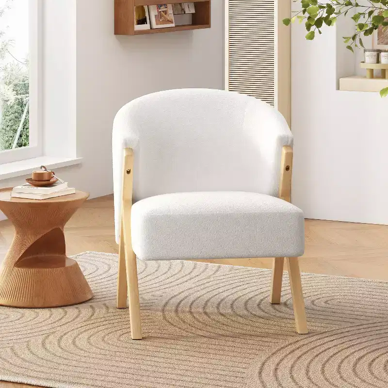 Modern Accent Chair with White Upholstery and Solid Wood Frame, Minimalist Design, for Living Room or Office