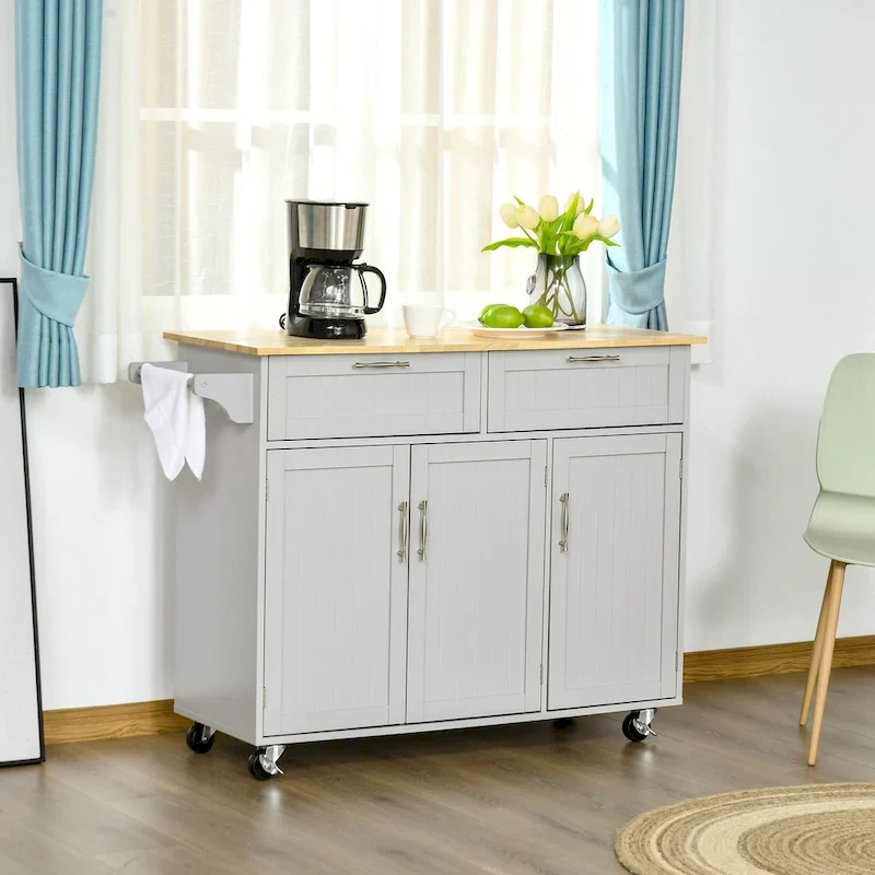 HOMCOM 48 Modern Kitchen Island Cart on Wheels with Storage Drawers, Rolling Utility Cart with Adjustable Shelves, Cabinets