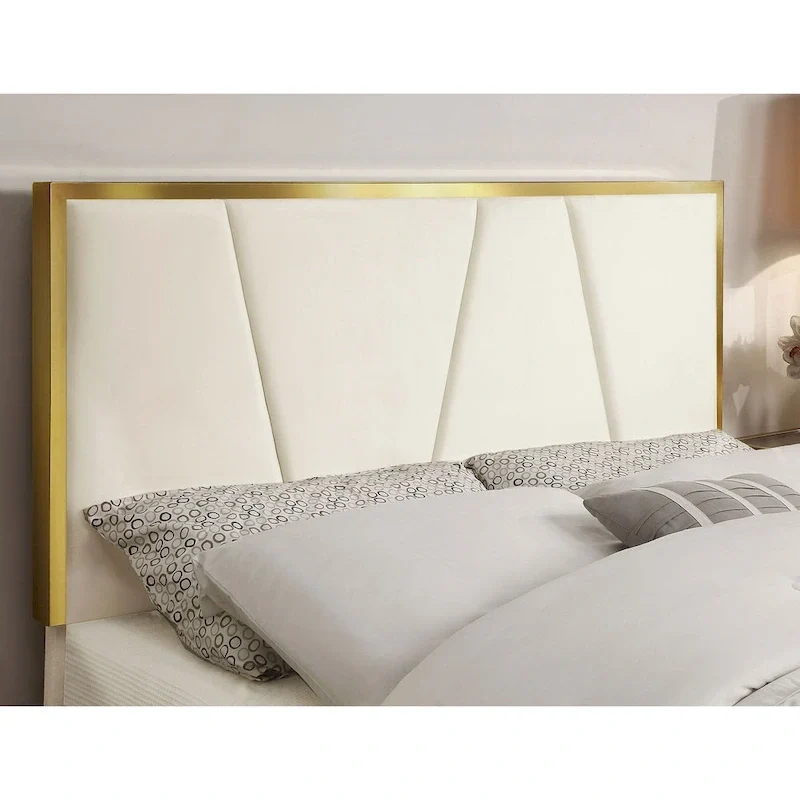 Glam Beige Fully Upholstered Platform Bed with Gold-tone Accents by