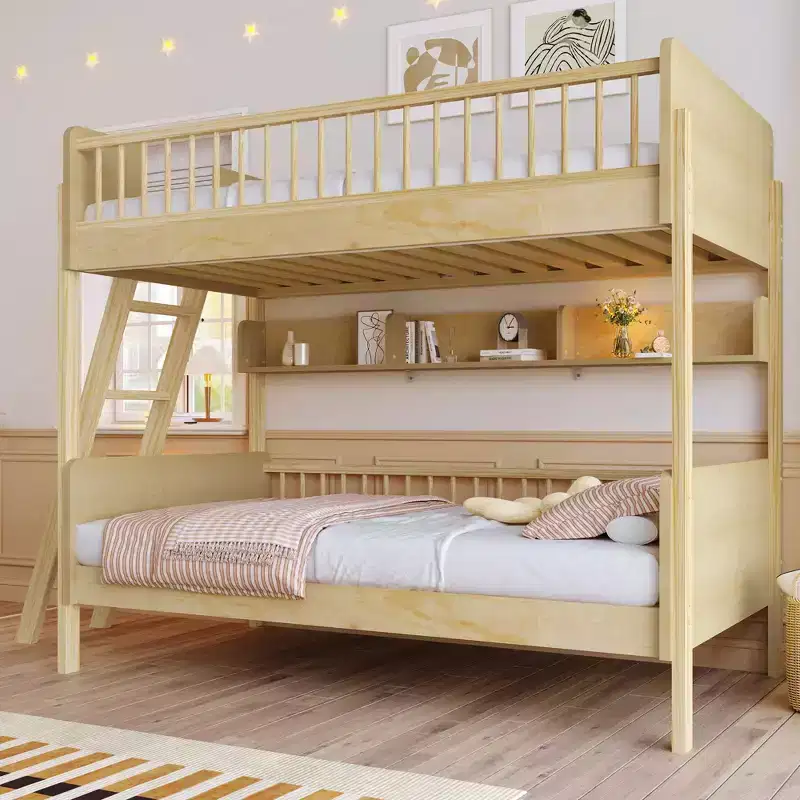 Twin Over Twin Size Bunk Bed with 3 Storage Shelves, Wooden Twin Bunk Bed Frame with Convertible Ladder and Security Fence