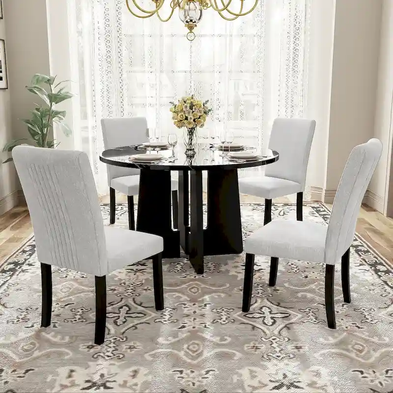 5 Pcs Round Dining Table Set, Solid Wood Kitchen Table Furniture Set with Dining Table and 4 Upholstered Chairs