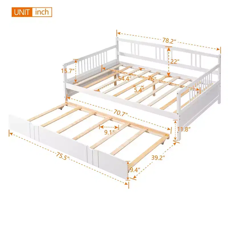 Full Size Modern Wooden Daybed with Twin Size Trundle, Pine Wood, 350 lb Capacity