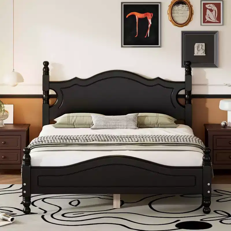 MAYEERTY Full Size Retro Wood Platform Bed Frame with Wooden Slat for Bedroom Black