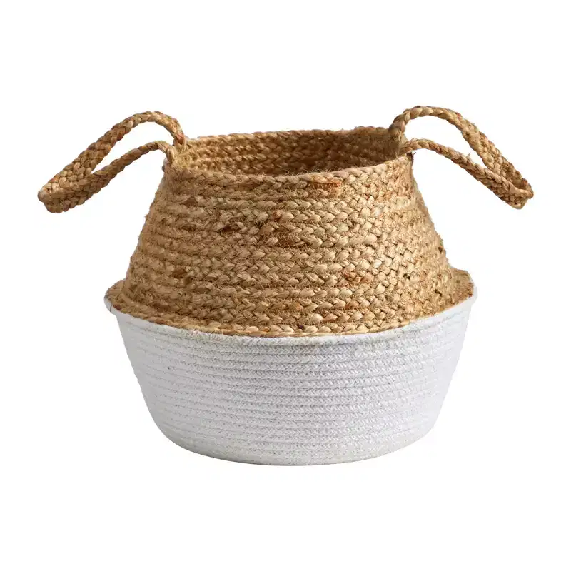 Nearly Natural 14-in Boho Chic Handmade Cotton & Jute White Woven Basket Planter